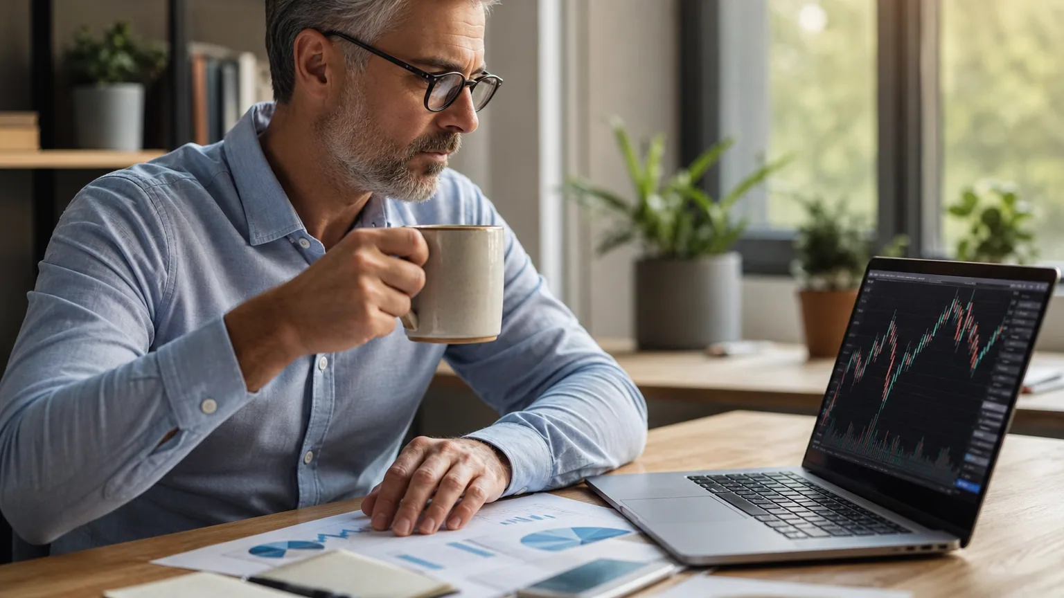 Un investisseur examine des graphiques boursiers et des documents financiers sur son ordinateur portable