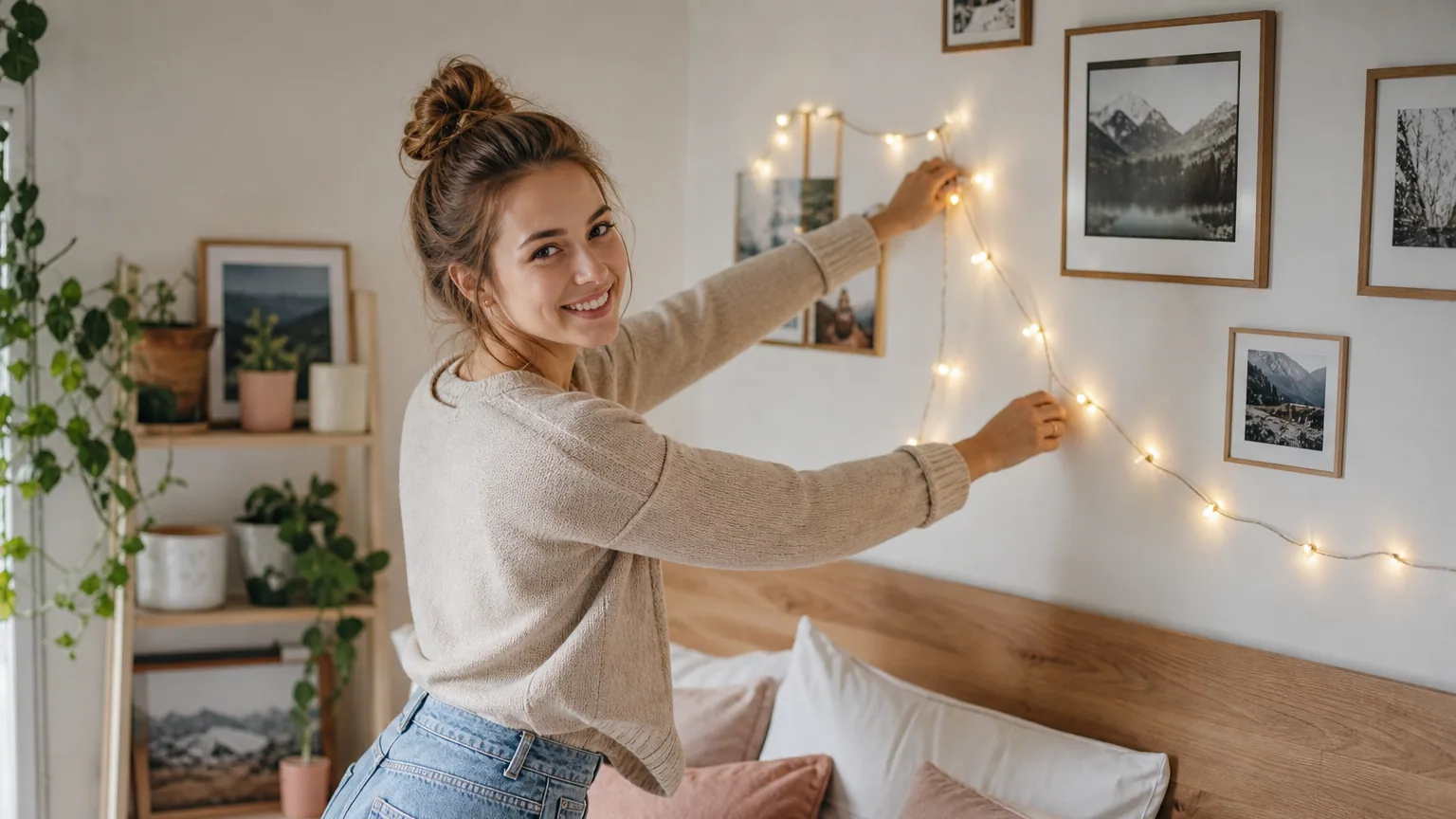 Jeune femme installant une guirlande lumineuse au-dessus de son lit dans une chambre décorée à petit budget
