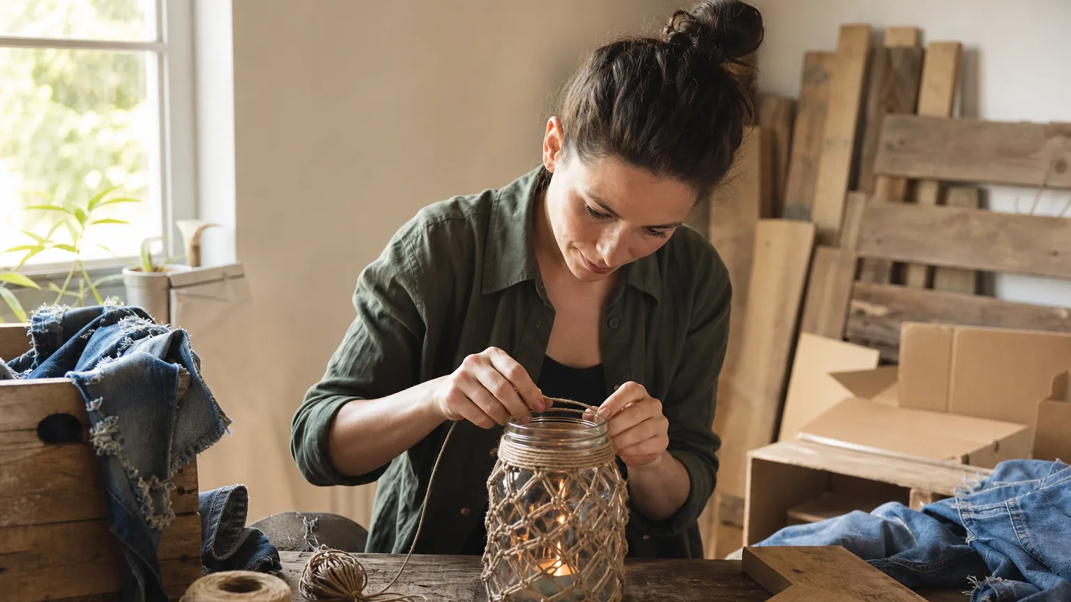 Mains transformant un bocal en verre en objet déco sur un établi entouré de matériaux de récupération