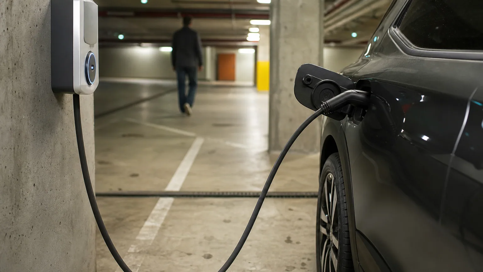 Une voiture électrique se recharge sur une place de parking souterraine d'un immeuble en copropriété