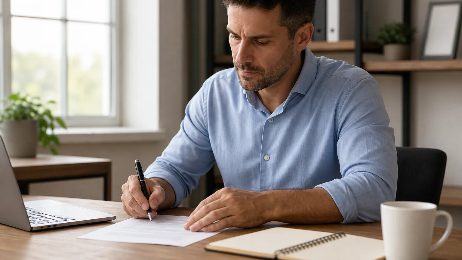 Salarié signant un document à son bureau à domicile, ordinateur portable et tasse de café sur la table