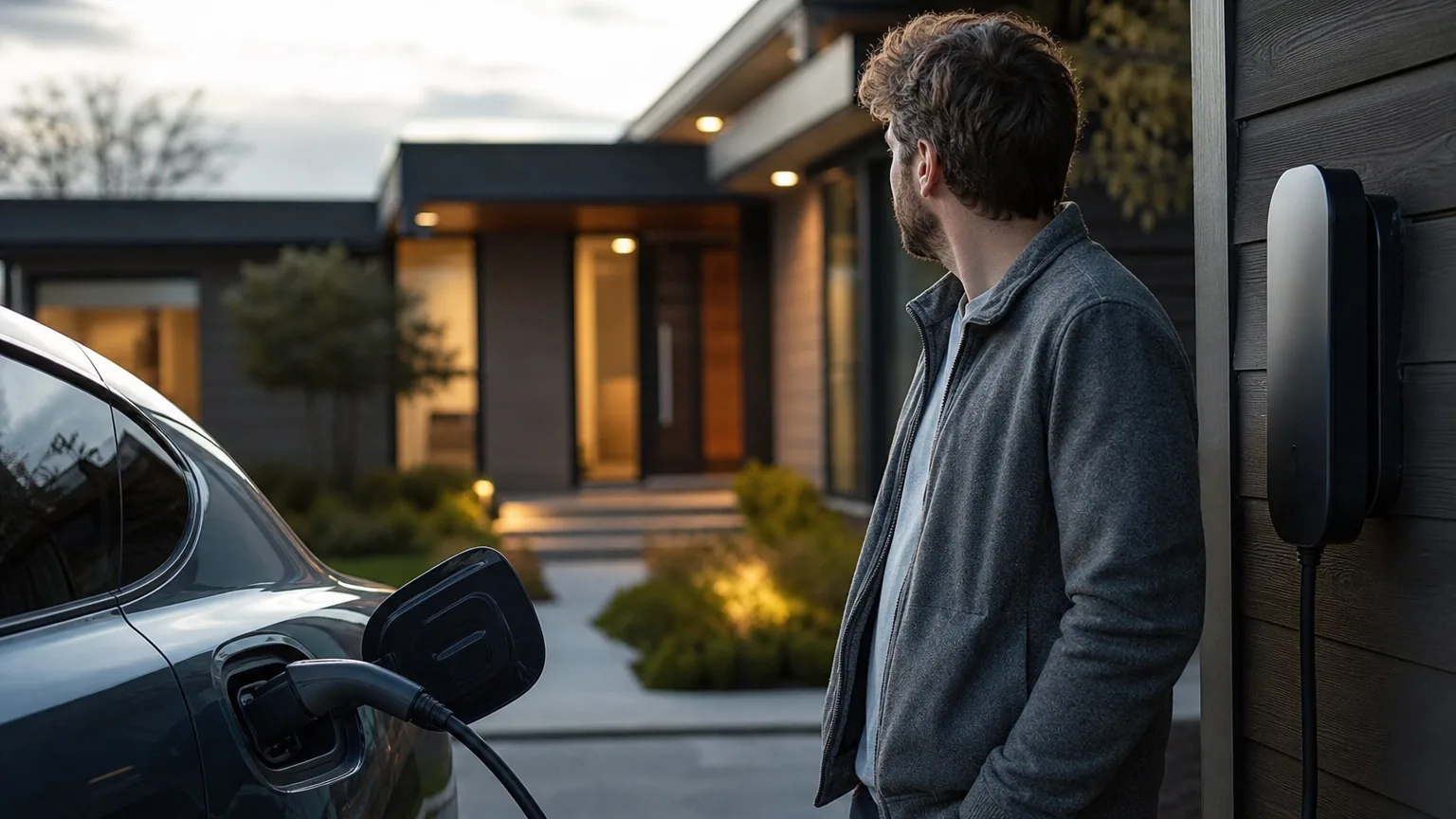 Une voiture électrique branchée sur une borne de recharge devant un pavillon, au crépuscule
