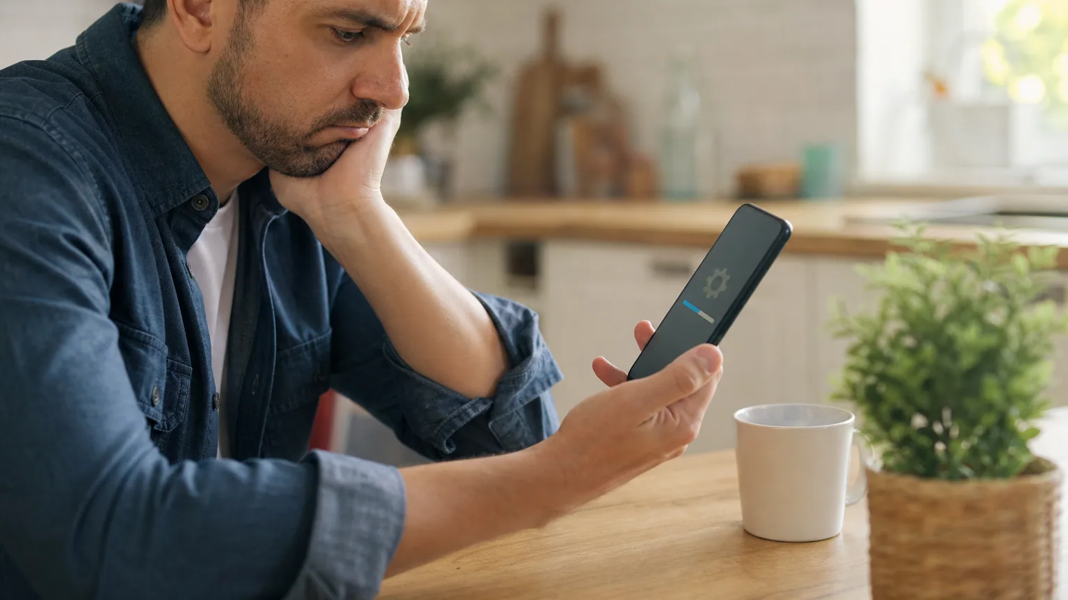 Une personne attend l'installation d'une mise à jour logicielle sur son smartphone