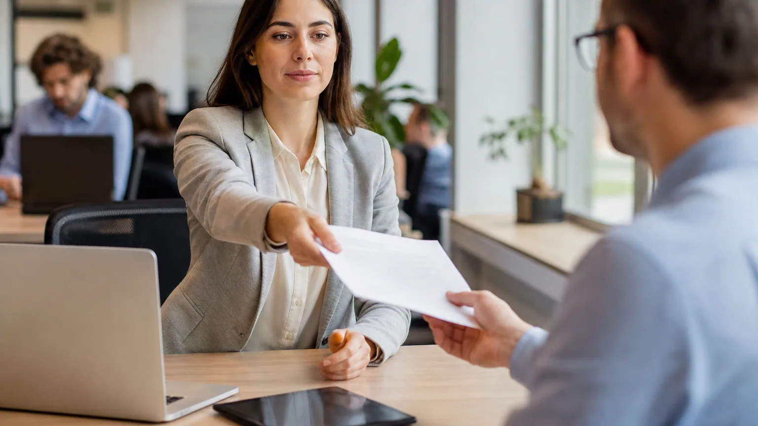Un salarié remet sa lettre de démission à son manager dans un bureau lumineux