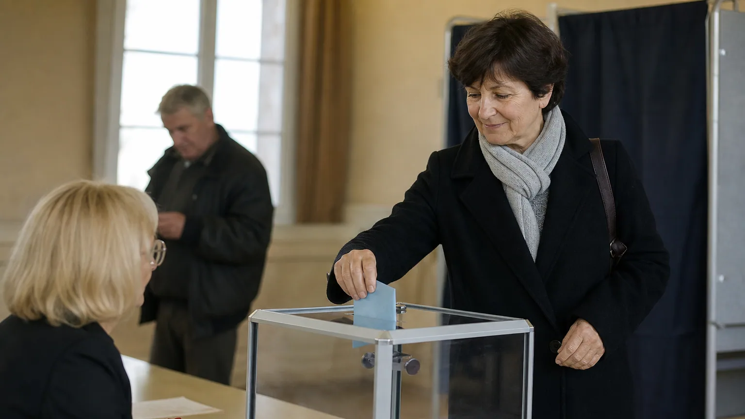 Une électrice glisse son bulletin dans l'urne transparente d'un bureau de vote en mairie.
