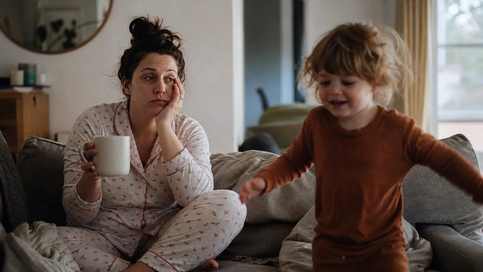 Parent fatigué au petit matin avec son jeune enfant déjà bien réveillé