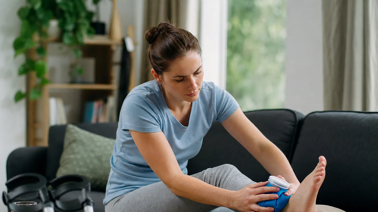Personne assise appliquant une poche de glace sur sa cheville, jambe surélevée sur un coussin