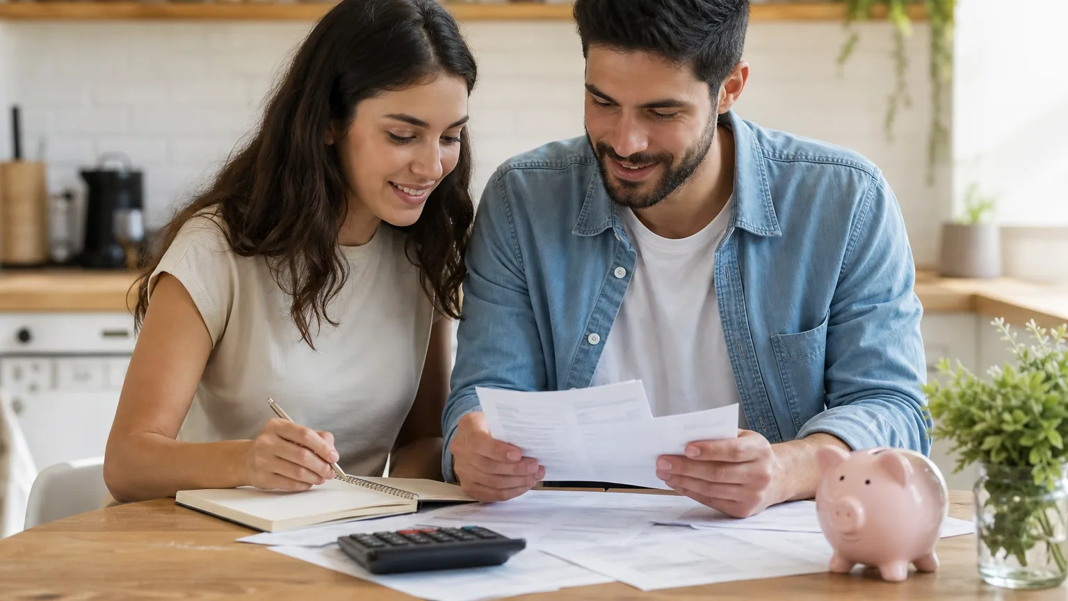 Un couple examine son budget à la table de la cuisine avec une calculatrice et une tirelire