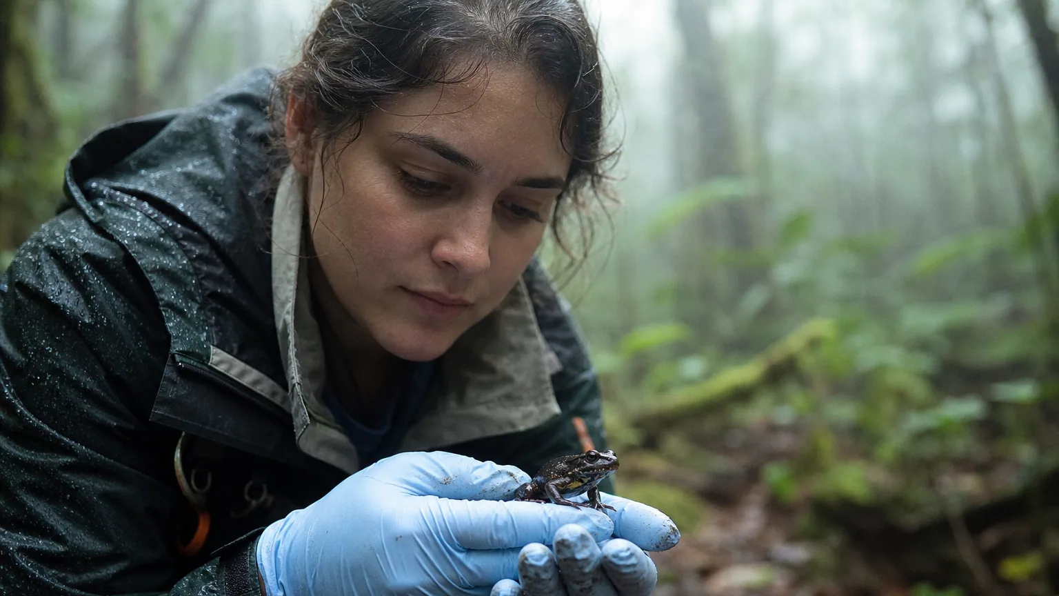 Une biologiste examine un petit amphibien menacé dans une forêt brumeuse
