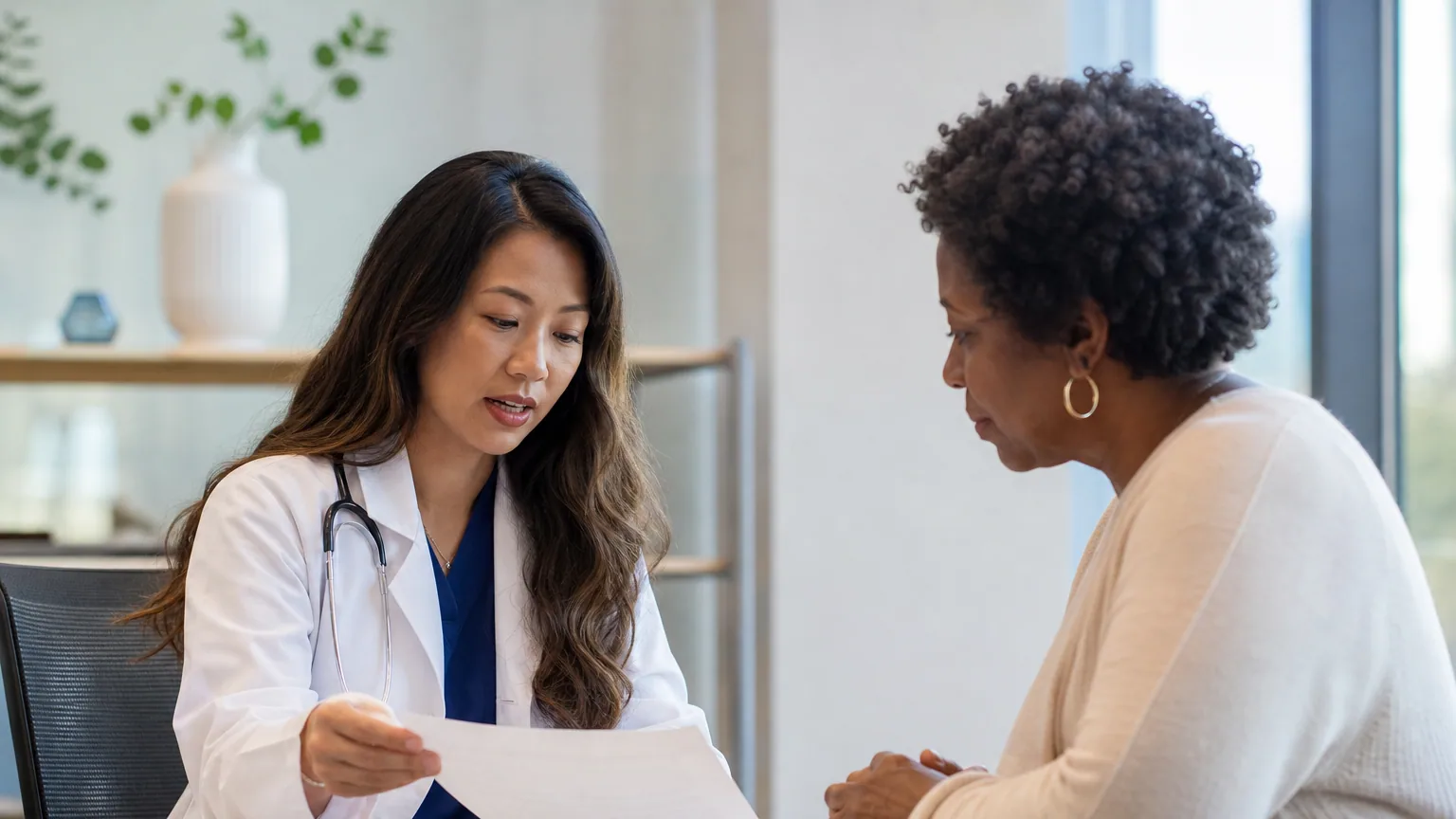 Un médecin explique un document de consentement à un patient dans un cabinet lumineux.