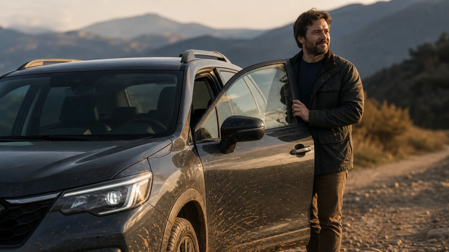 Un SUV compact garé sur un chemin de campagne au coucher du soleil, conducteur ouvrant la portière