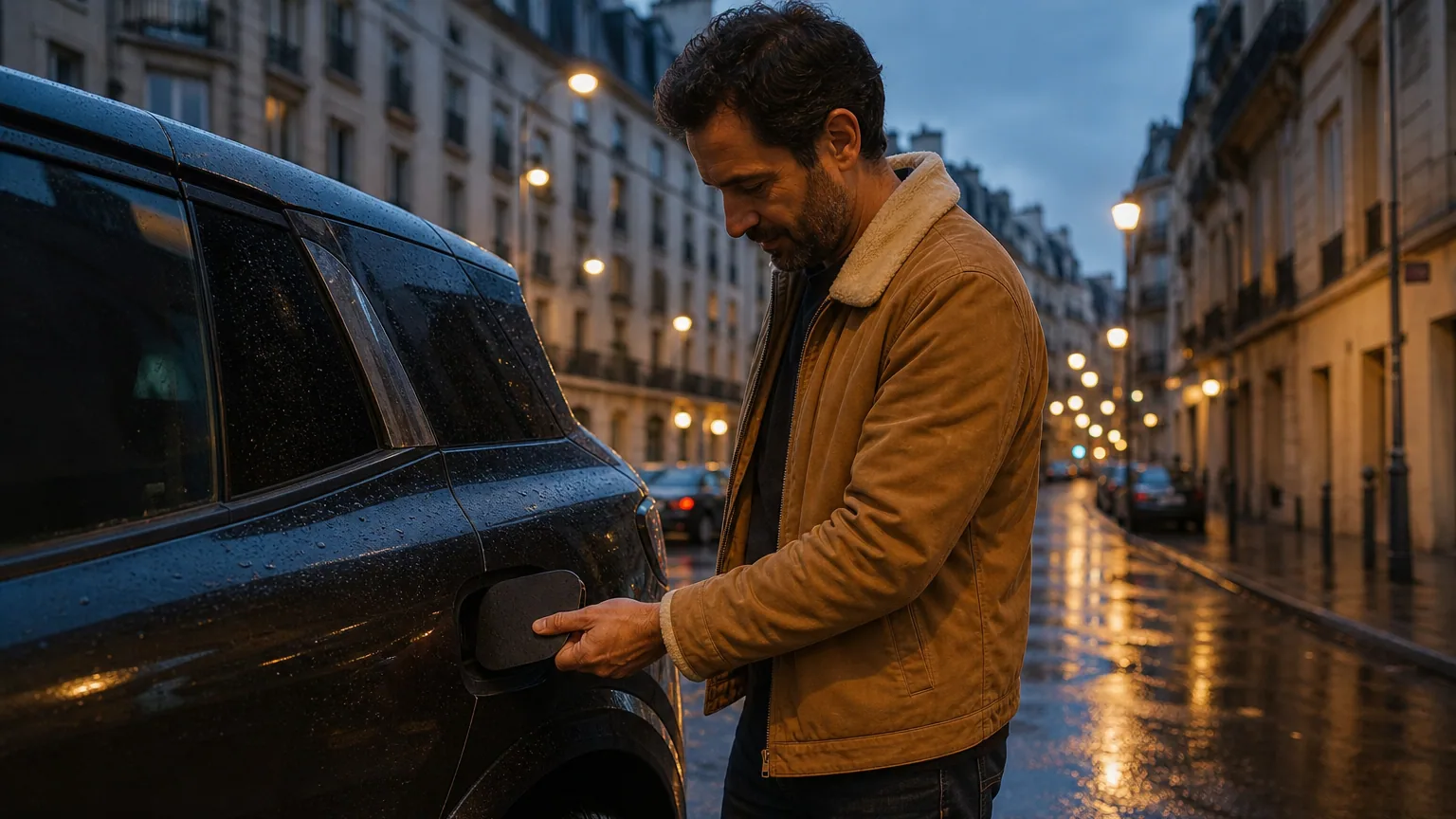 Une citadine électrique en charge sur une rue mouillée d'une ville française au crépuscule