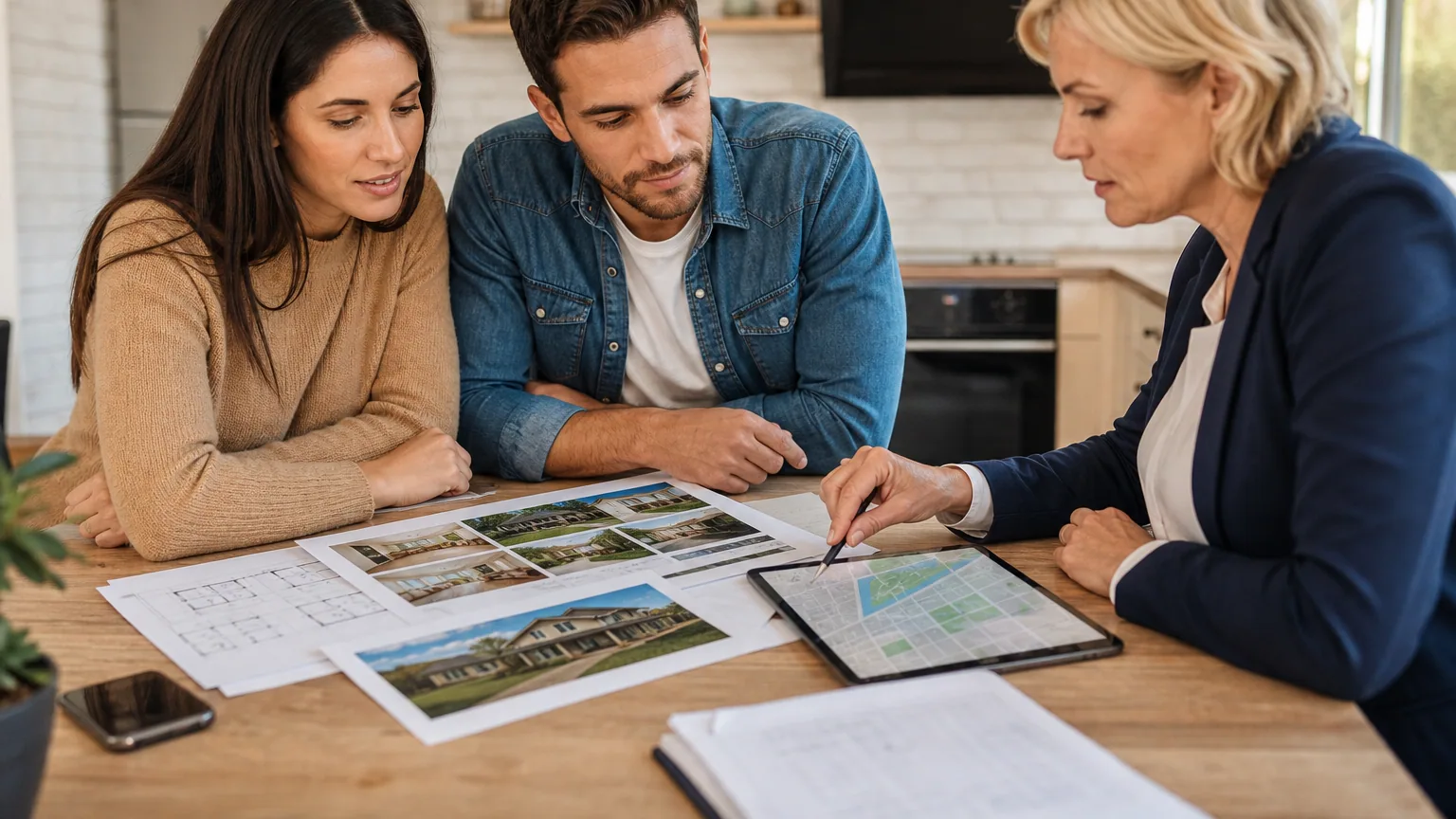 Un couple examine des documents immobiliers avec un agent autour d'une table