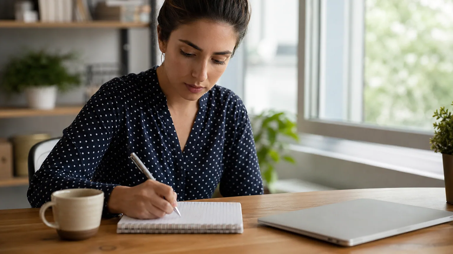 Femme concentrée travaillant à son bureau à domicile près d'une fenêtre le matin