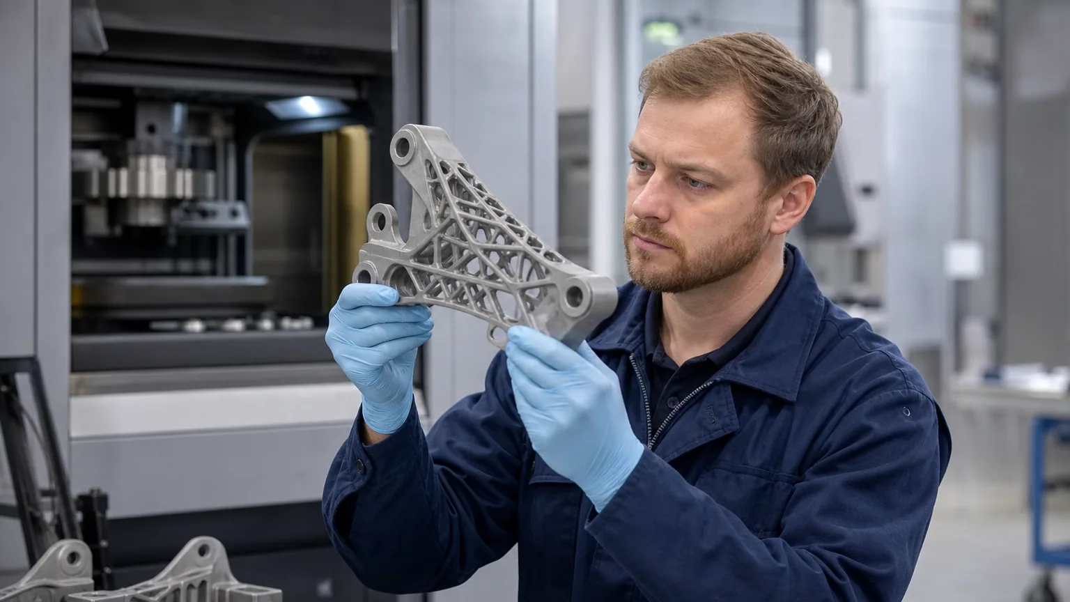 Une ingénieure examine une pièce métallique en titane imprimée en 3D dans un atelier industriel