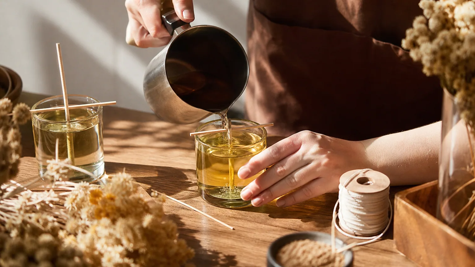Des mains versent de la cire de soja fondue dans un pot en verre pour fabriquer une bougie maison
