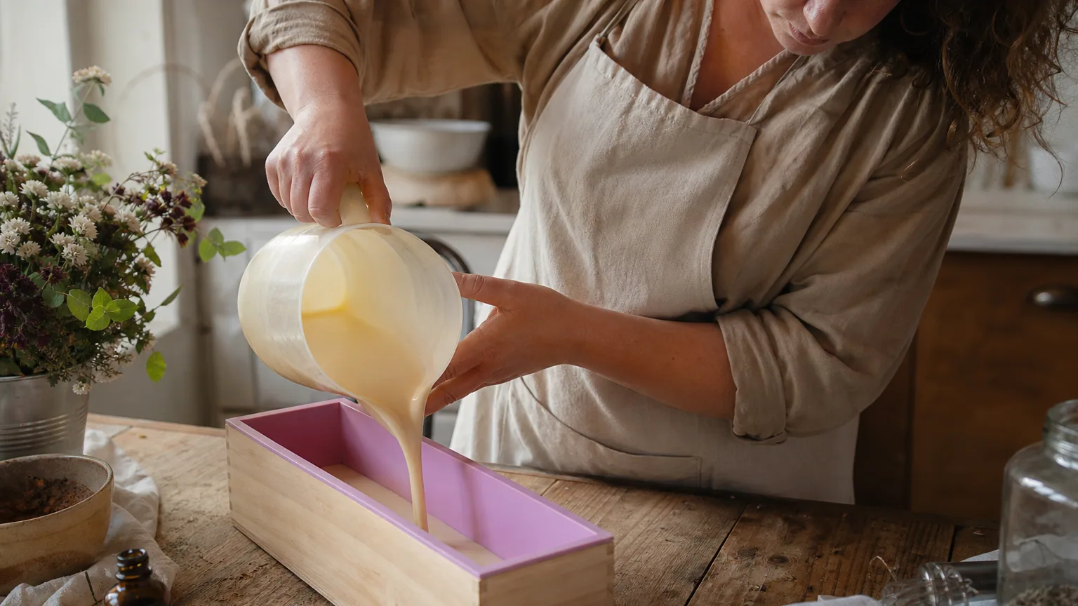 Des mains versent un mélange d'huiles dans un moule pour fabriquer du savon