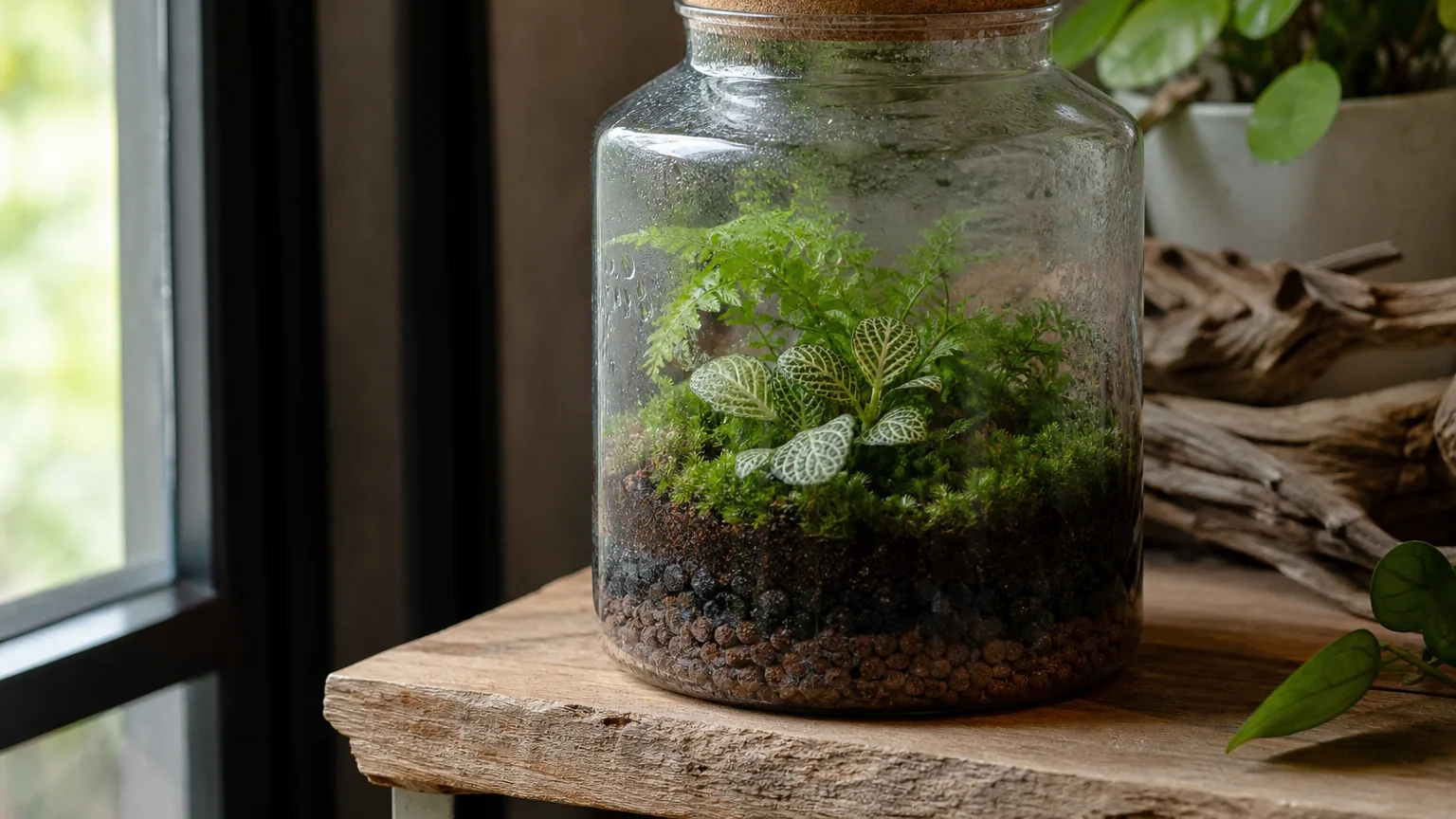 Terrarium fermé en verre rempli de mousses et de petites plantes vertes sur une étagère en bois