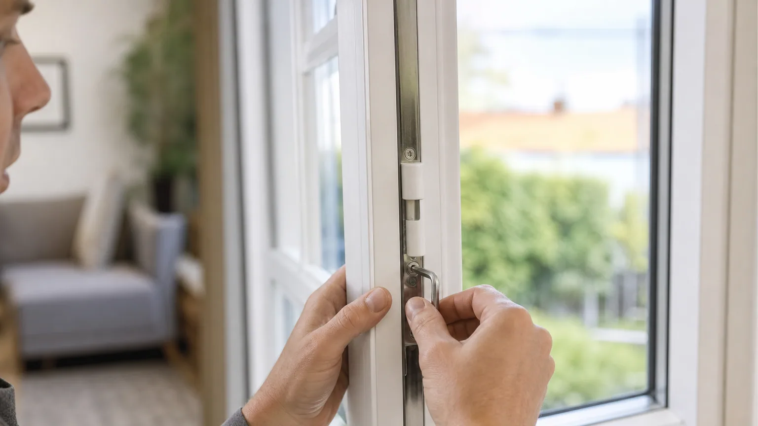 Personne réglant la crémone d'une fenêtre en PVC avec une clé Allen, vue de l'intérieur d'un salon