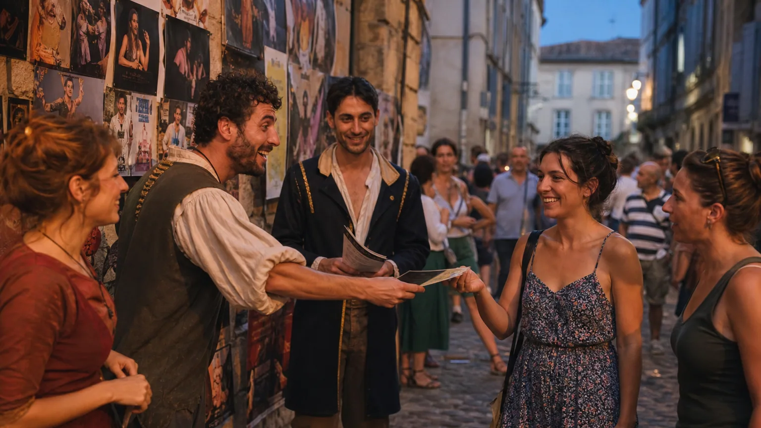 Rue pavée d'Avignon couverte d'affiches de spectacles pendant le festival, avec des comédiens distribuant des tracts