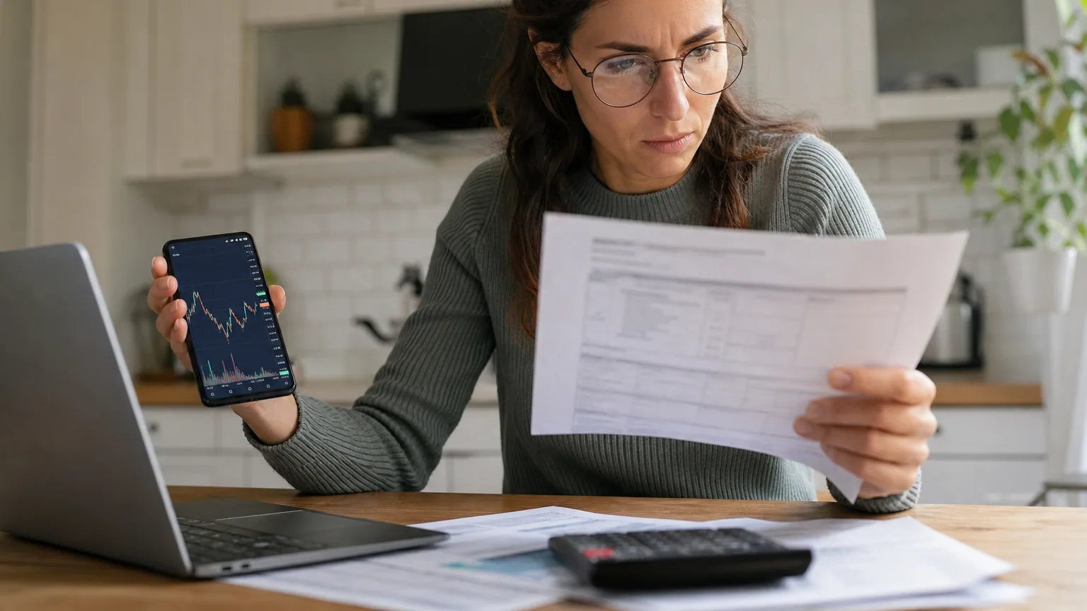 Une personne remplit sa déclaration d'impôts devant un ordinateur affichant des cours de cryptomonnaies