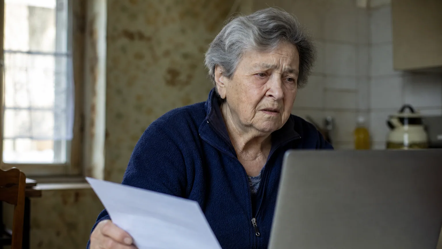 Une femme âgée perplexe devant un ordinateur portable, un courrier administratif à la main, dans sa cuisine.