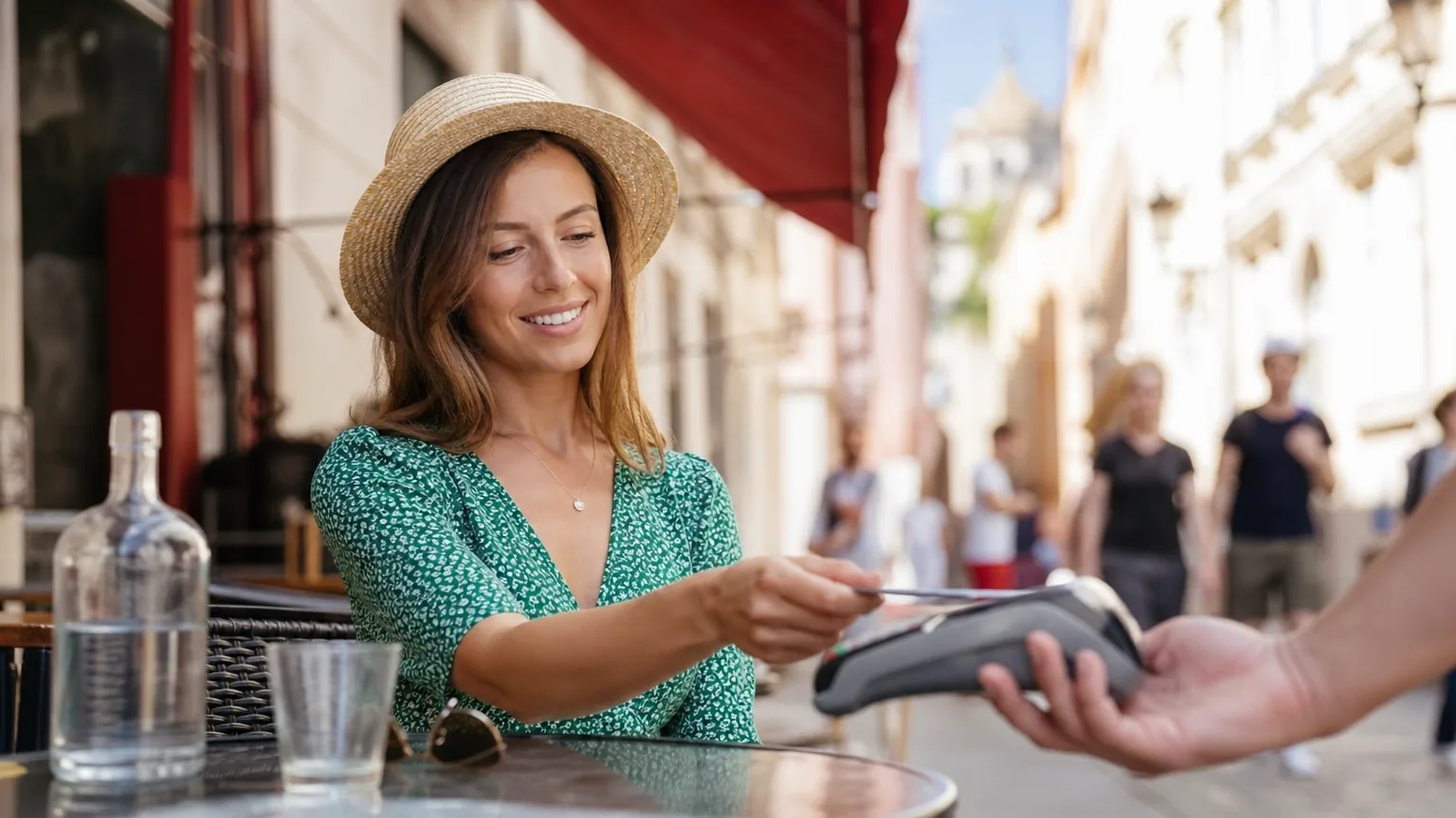 Une voyageuse règle un achat par carte bancaire sans contact à la terrasse d'un café, dans une rue animée à l'étranger