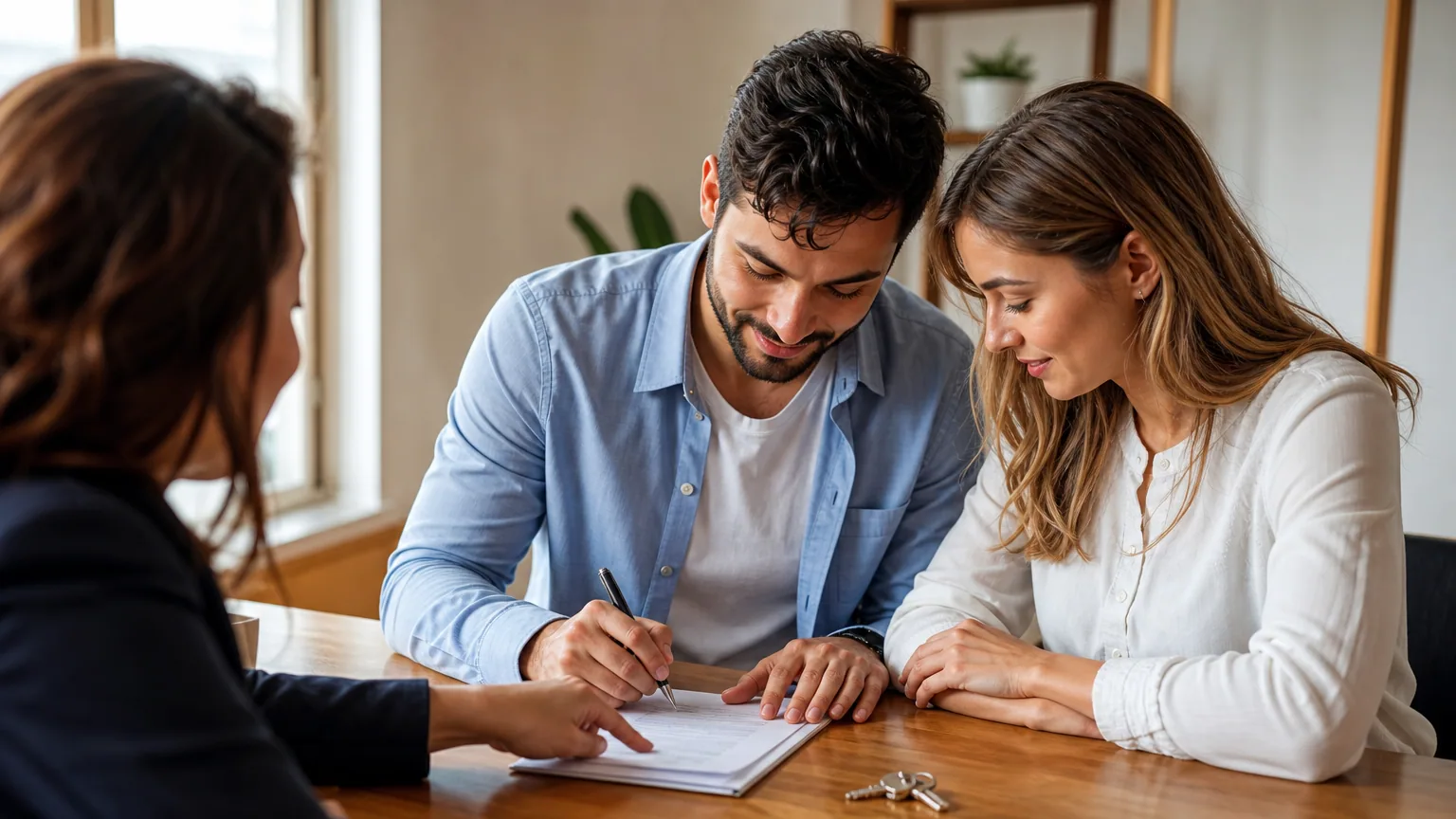 Un couple signe l'acte d'achat de leur logement dans le bureau d'un notaire