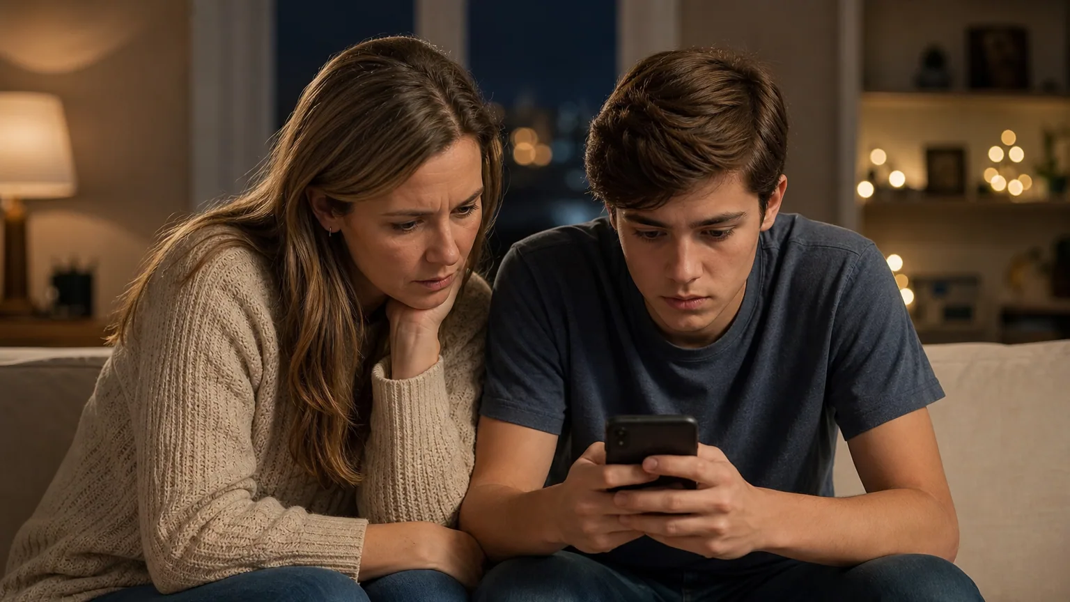Un adolescent et un parent regardent ensemble un smartphone, l'air préoccupé, une manette posée sur la table