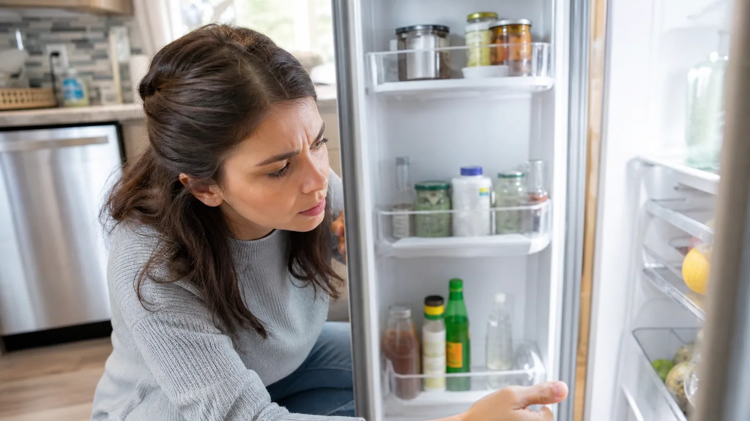 Personne accroupie devant un réfrigérateur ouvert dans une cuisine, en train d'en inspecter l'intérieur