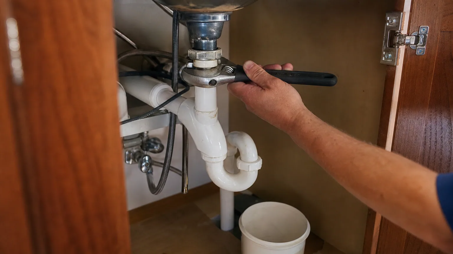 Main resserrant un raccord de plomberie sous un évier de cuisine
