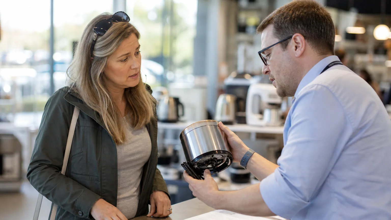 Un client présente un appareil défectueux au comptoir d'un magasin face à un vendeur attentif