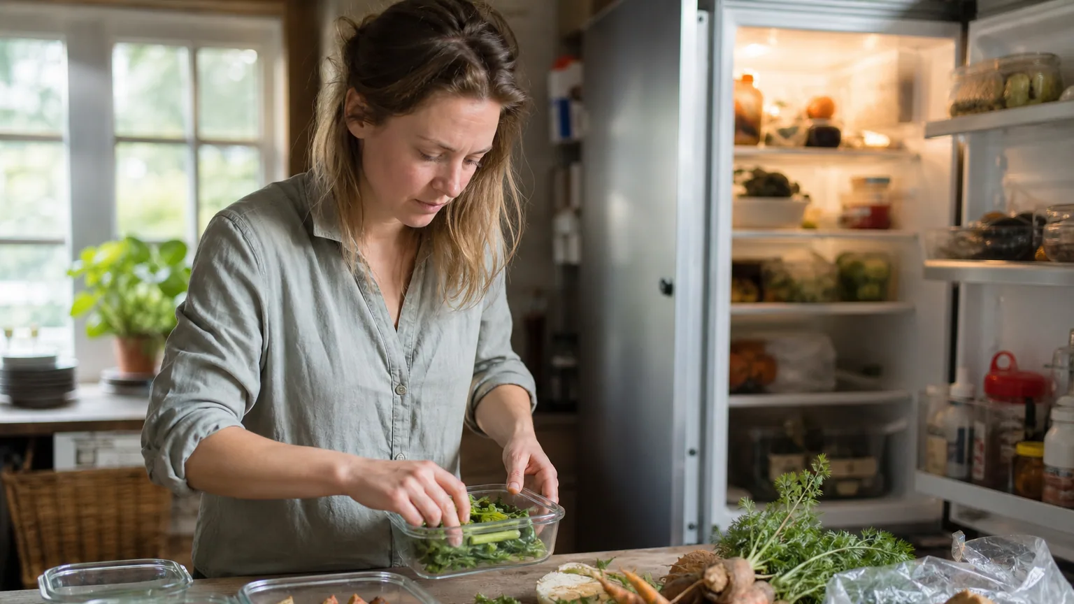 Une personne range des restes et des légumes dans des boîtes hermétiques devant un réfrigérateur ouvert.