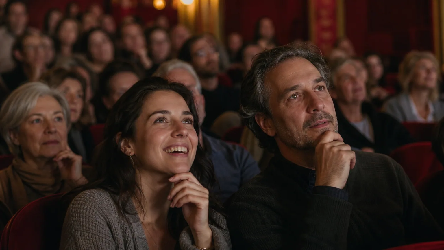 Spectateurs attentifs dans une salle de théâtre à fauteuils de velours rouge avant le lever de rideau