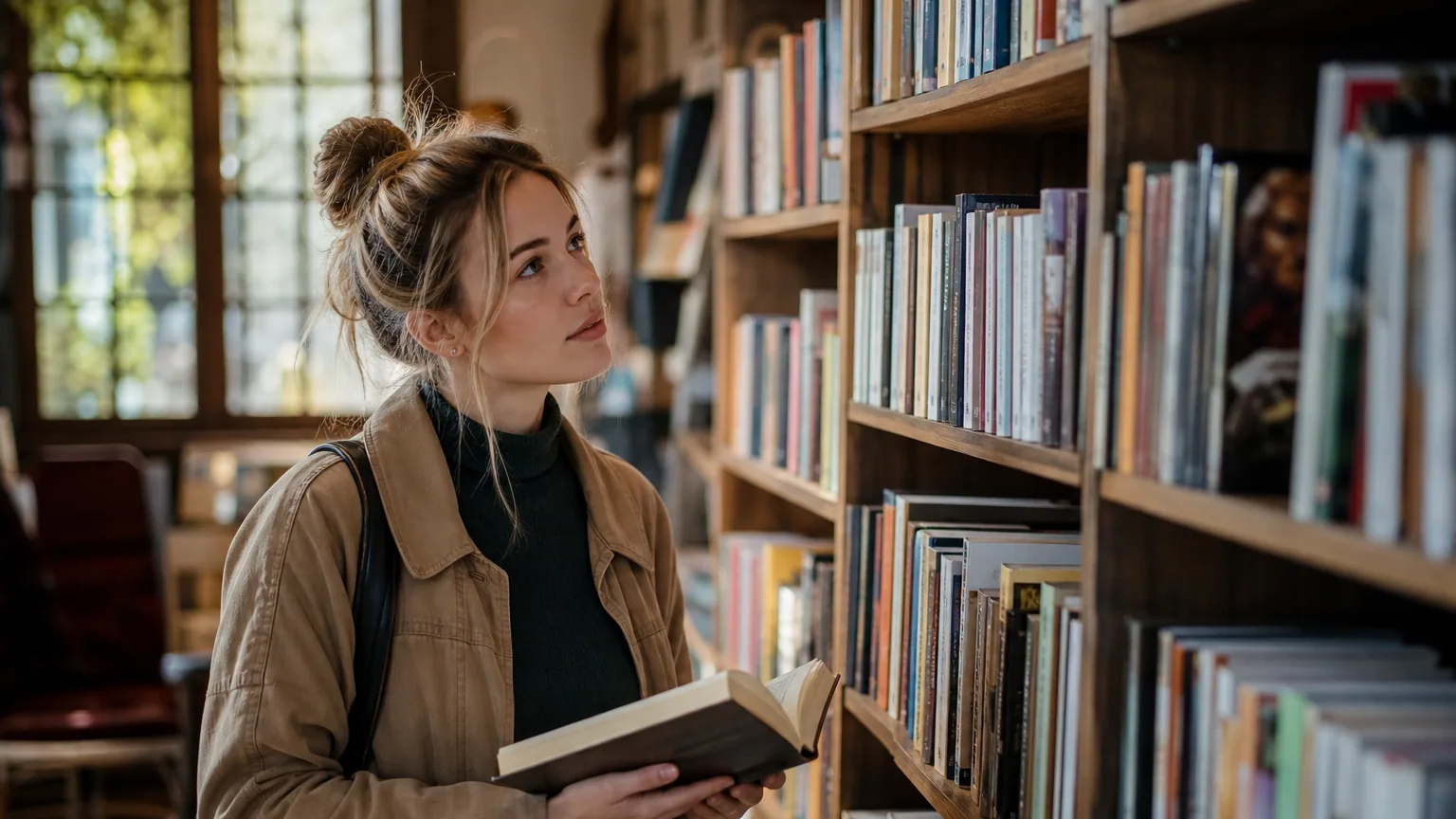 Une lectrice parcourt les rayons d'une librairie organisés par genres littéraires