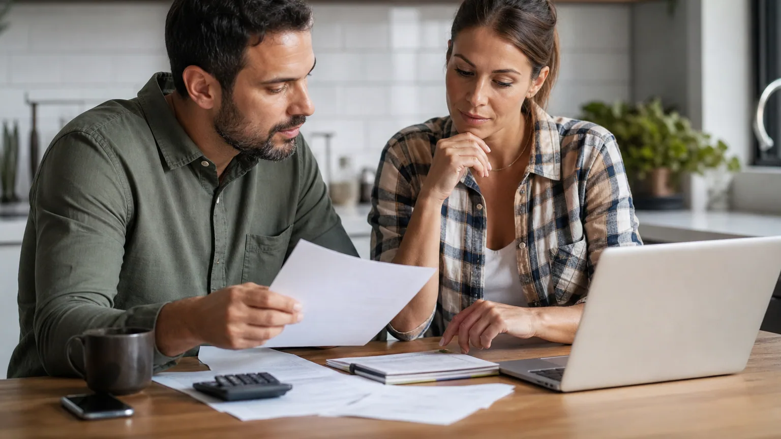 Un couple discute de leur budget autour d'une table, ordinateur portable et factures posés devant eux
