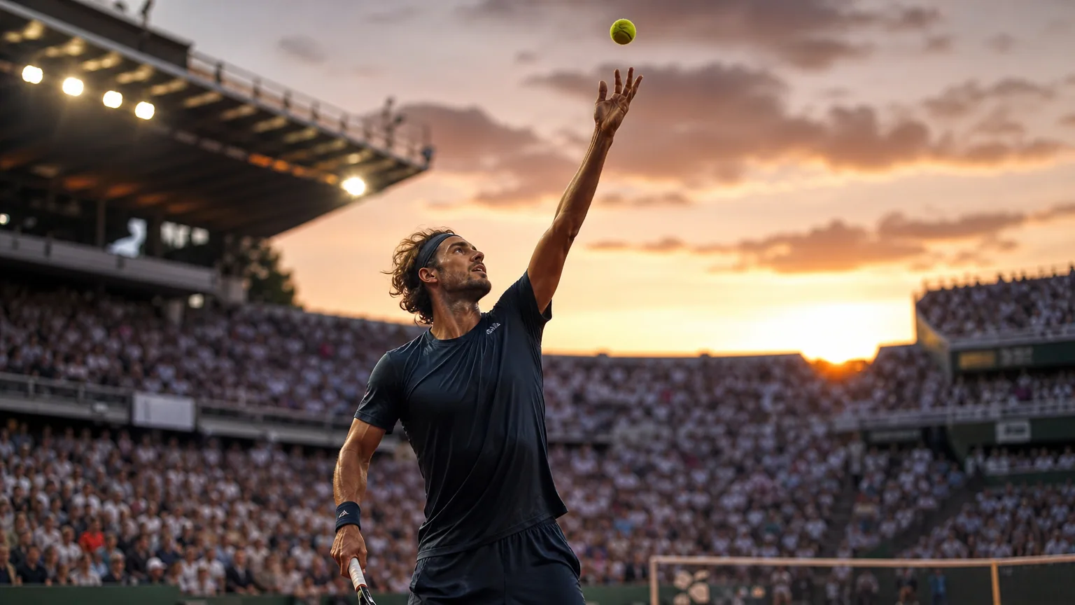 Joueur de tennis au service dans un grand stade rempli de spectateurs au crépuscule