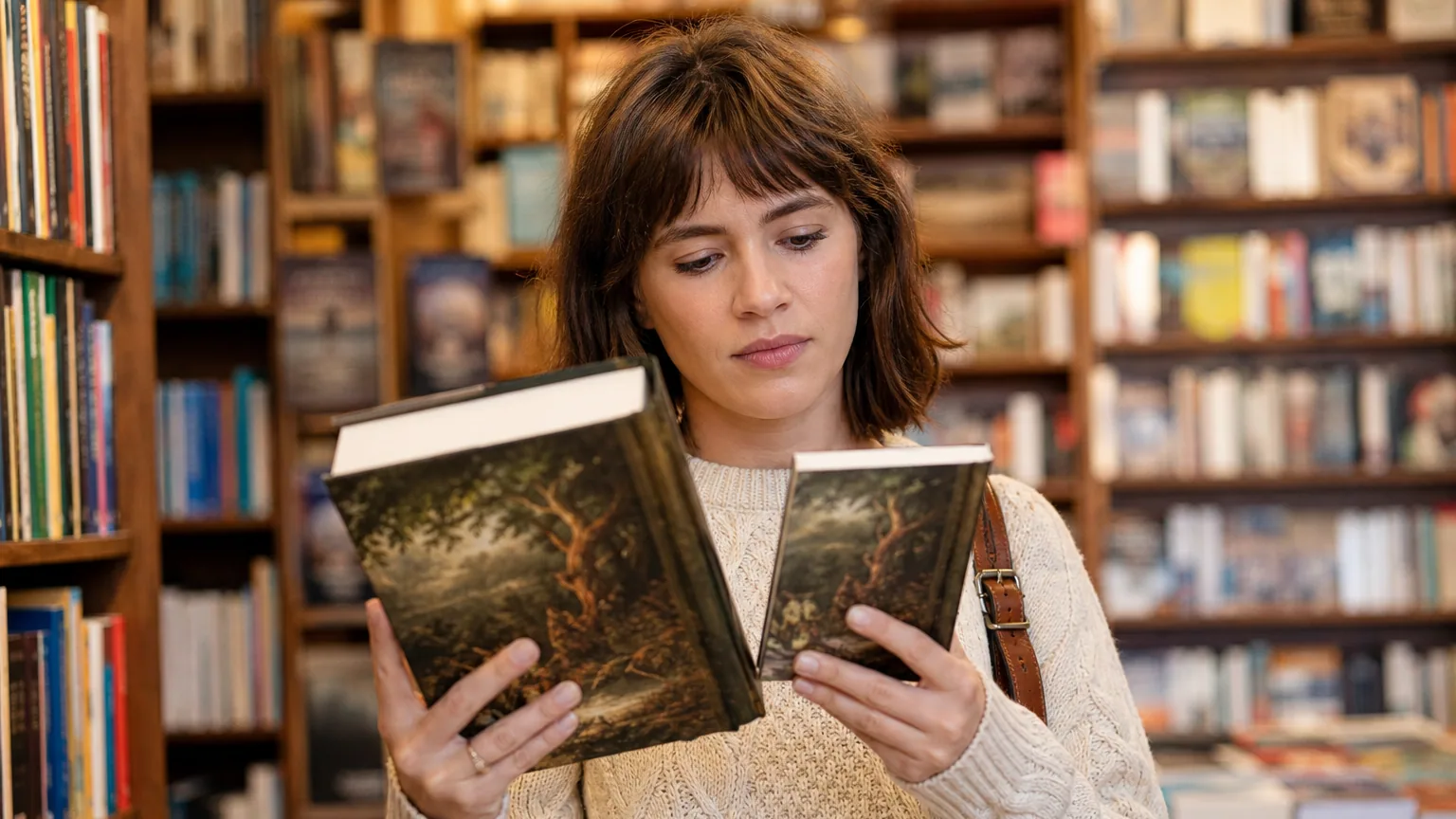 Une personne compare deux éditions d'un même livre en librairie, un grand format et un poche