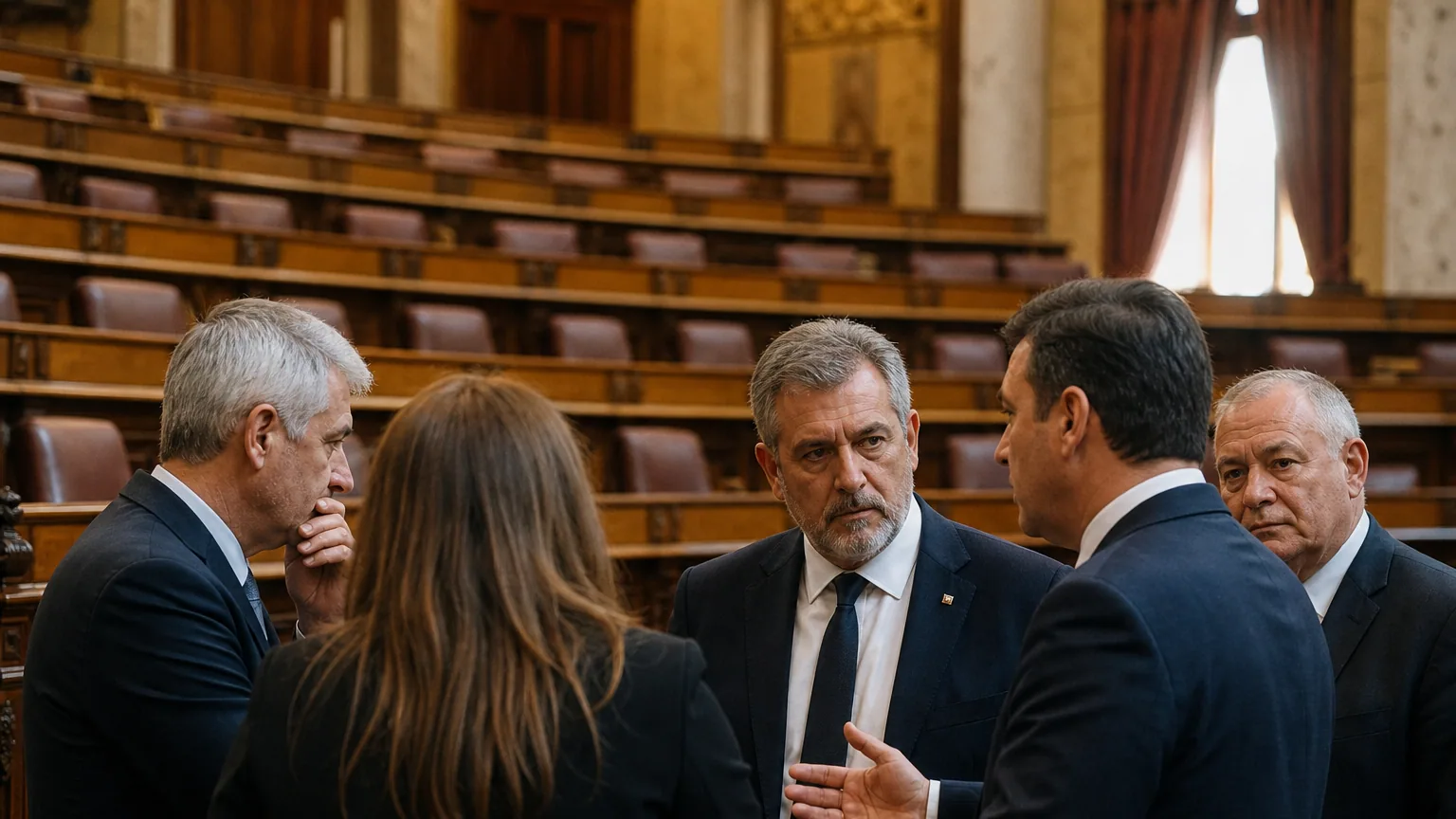 Des parlementaires réunis en petit groupe pour échanger dans l'hémicycle.