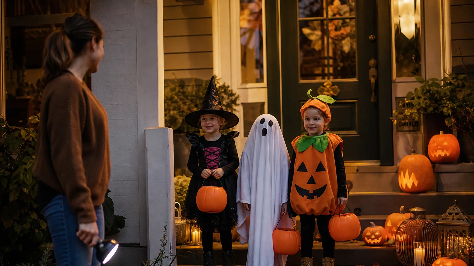 Enfants déguisés tenant des paniers en forme de citrouille devant une porte décorée pour Halloween à la tombée de la nuit