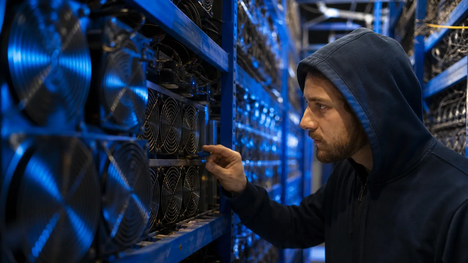 Un technicien inspecte des serveurs de minage de bitcoins dans un centre de données éclairé en bleu