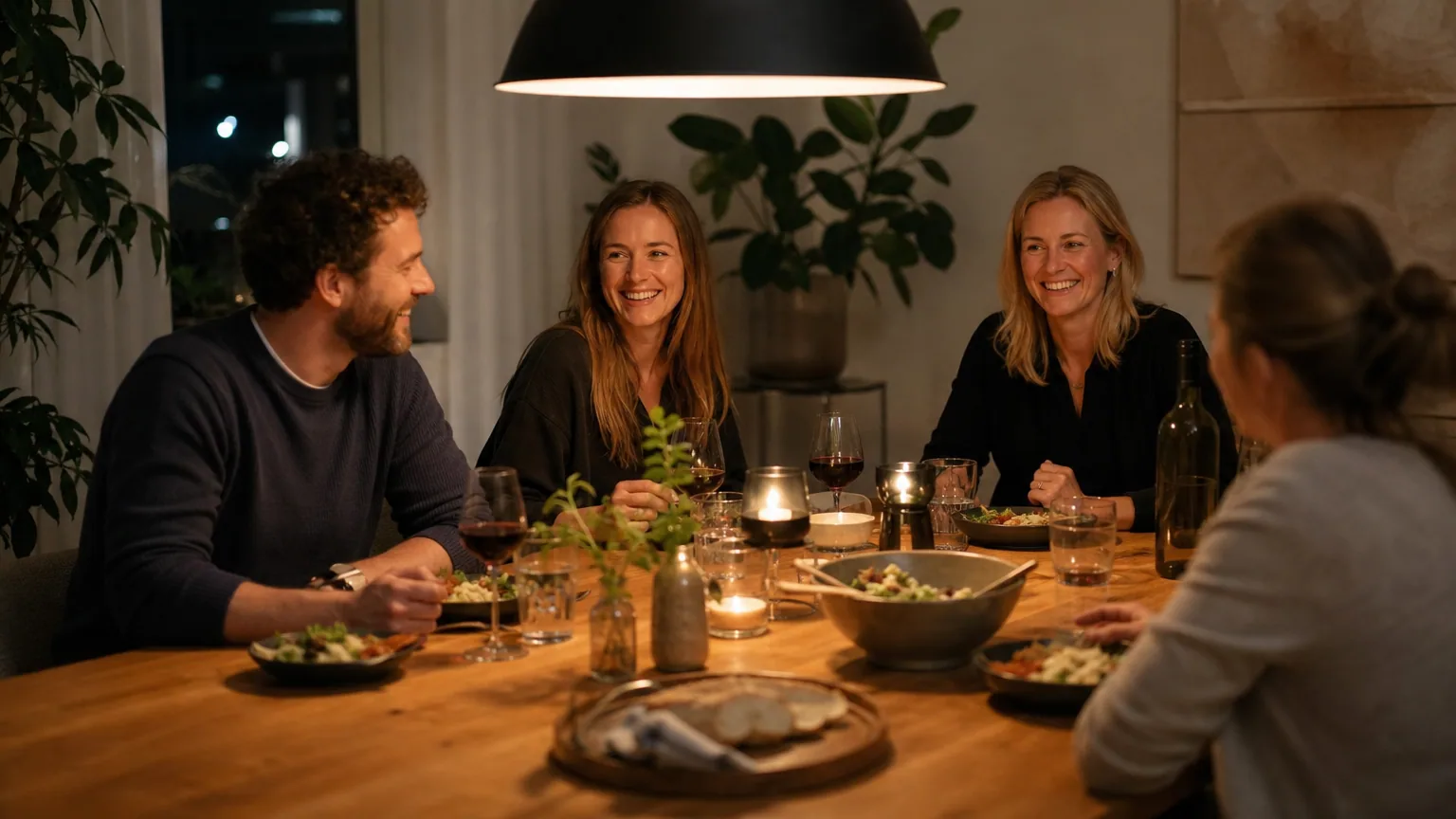 Suspension en métal allumée au-dessus d'une table à manger en bois dressée dans une salle à manger lumineuse