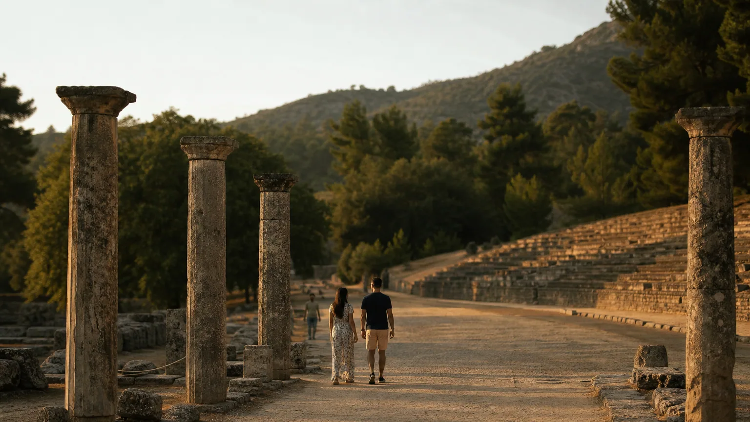 Ruines antiques du site d'Olympie en Grèce avec colonnes de marbre au coucher du soleil