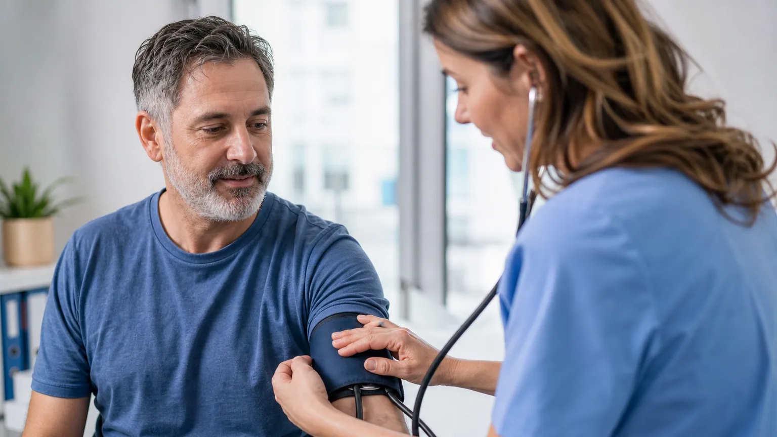 Un homme d'une cinquantaine d'années fait mesurer sa tension artérielle par un professionnel de santé avec un tensiomètre, cabinet médical lumineux