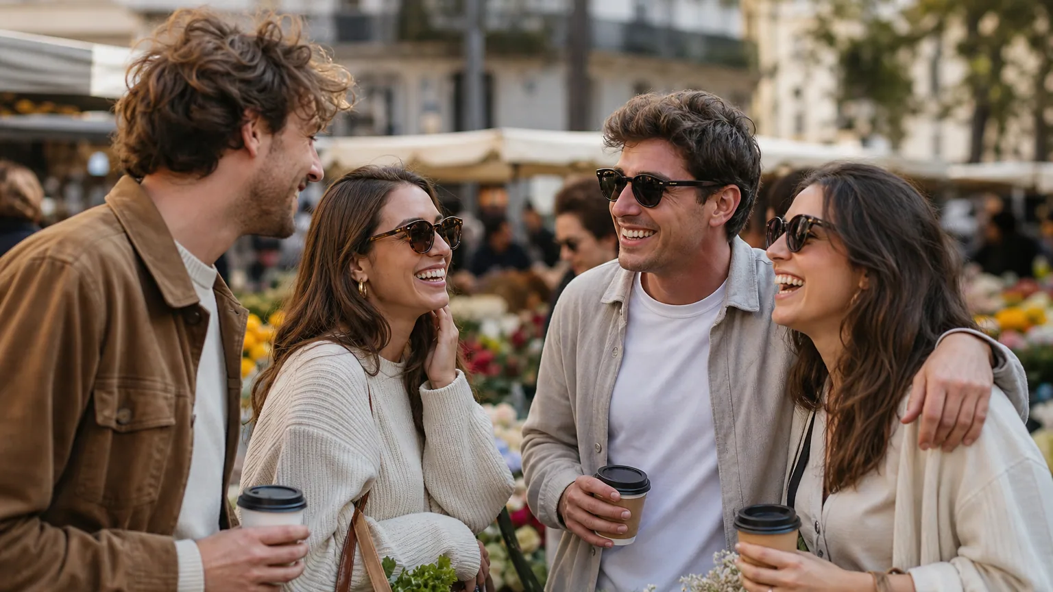 Un groupe d'amis souriant lors d'une sortie au marché un week-end ensoleillé