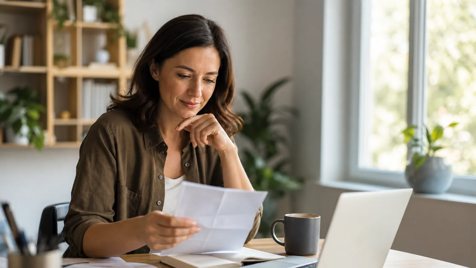 Salariée en télétravail consultant sa fiche de paie sur son ordinateur à domicile