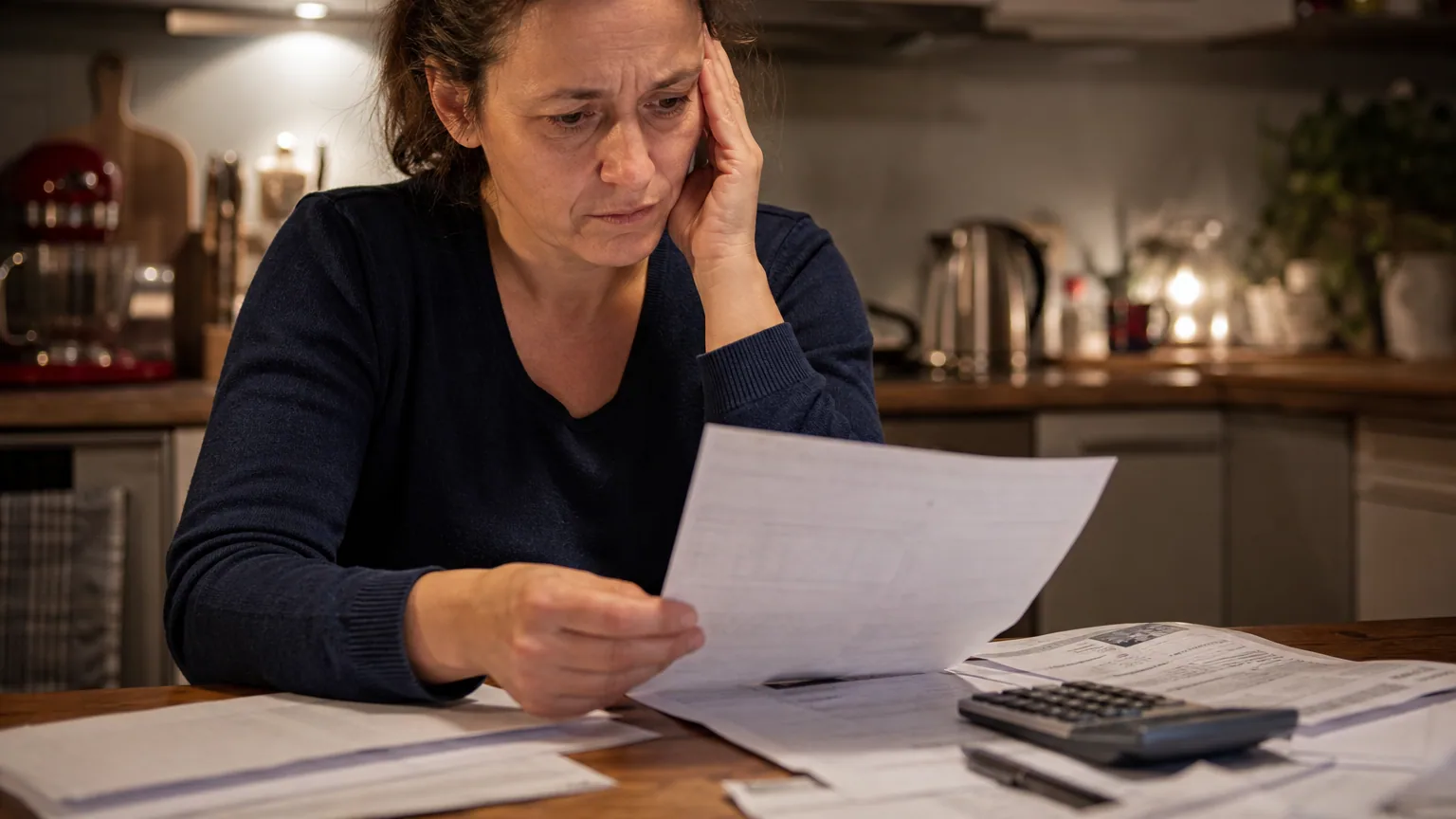 Une salariée examine ses factures et sa fiche de paie à la table de la cuisine