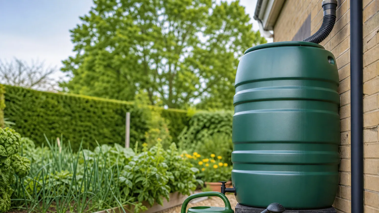 Récupérateur d'eau de pluie raccordé à une gouttière le long d'une maison, arrosoir posé devant dans un jardin