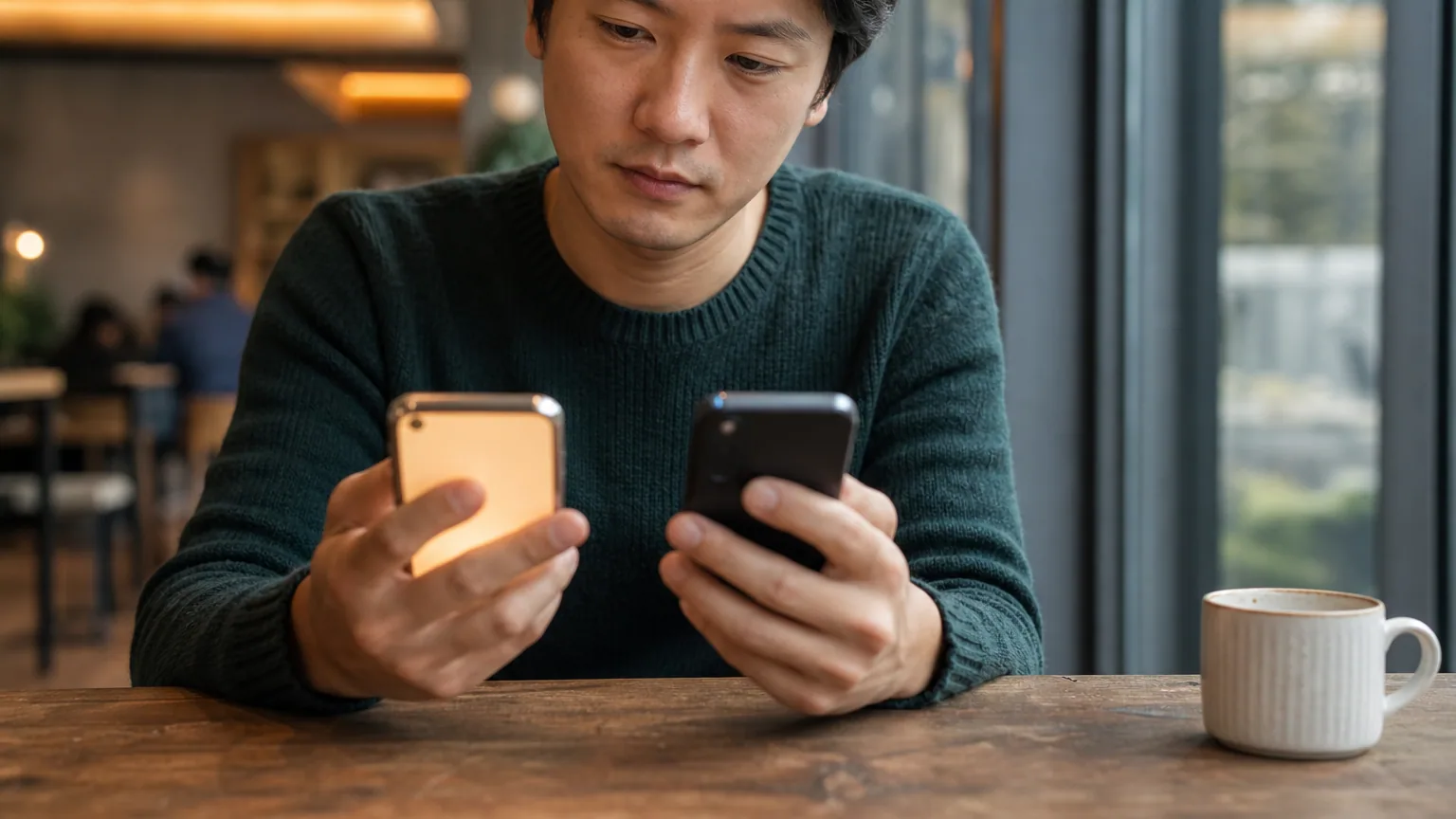 Deux mains comparant deux smartphones côte à côte sur une table de café
