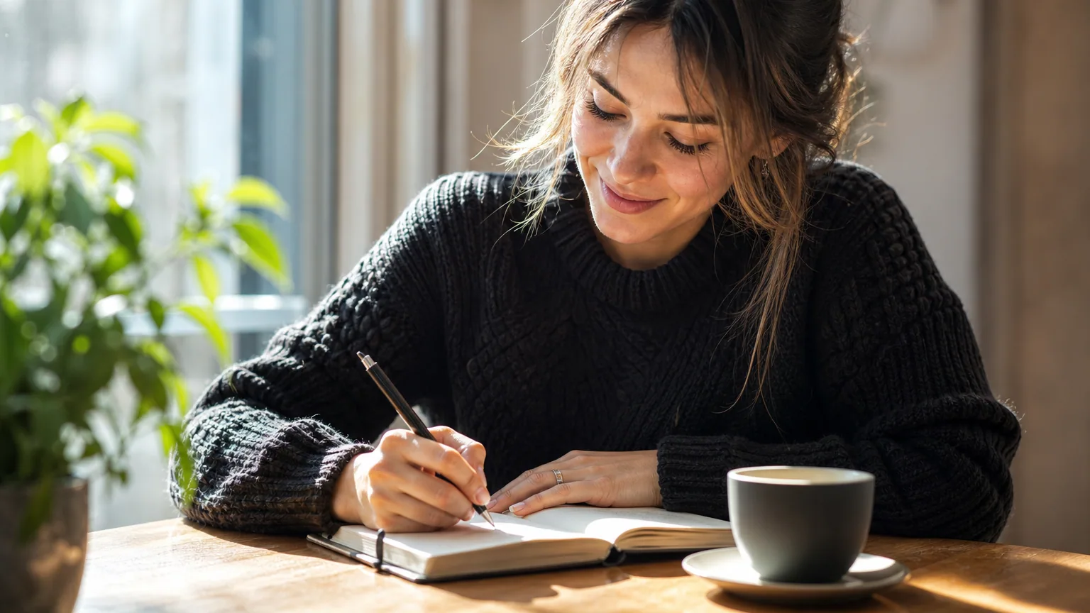 Une femme écrit dans un carnet à la lumière du matin, une tasse posée à côté